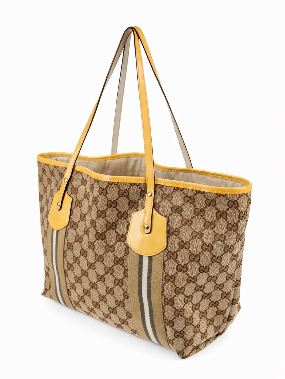 Gucci Beige Brown GG Canvas Tote with Yellow Trim
